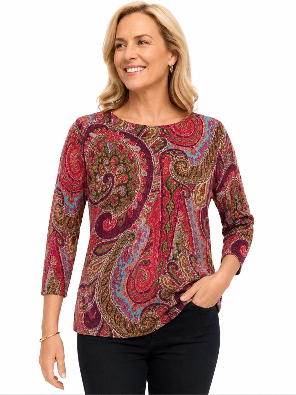 Talbots Women's CrewnecTalbots Women's Crewneck Sweater Paisley Print 3/4 Sleeve